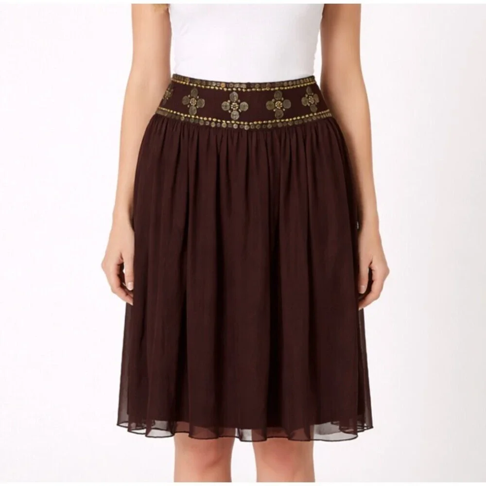 Willi Smith Brown Silk Midi Skirt Gold Sequins - Size 10
